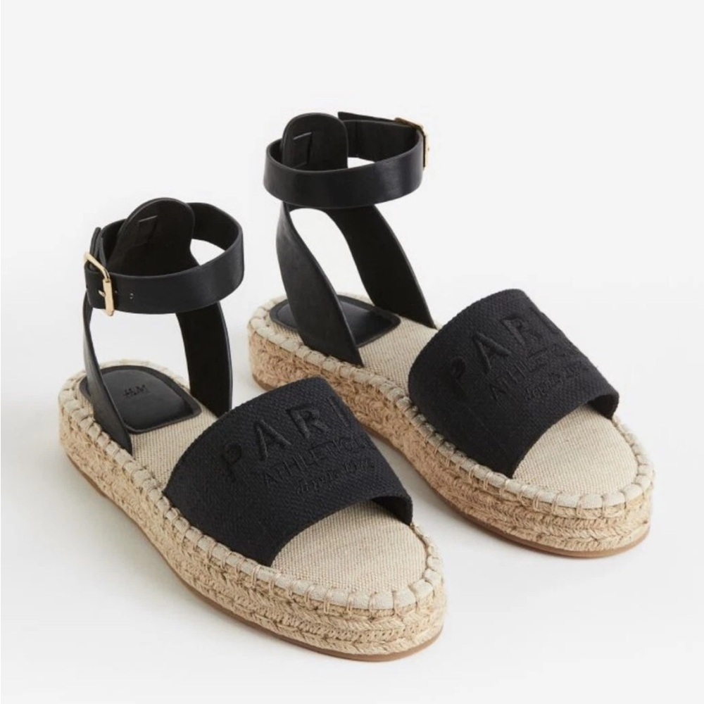 🟣4/$20 H&M Black Tan Paris Espadrille Sandals 9